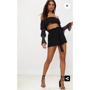 High Waist Black Crepe Ruched shorts